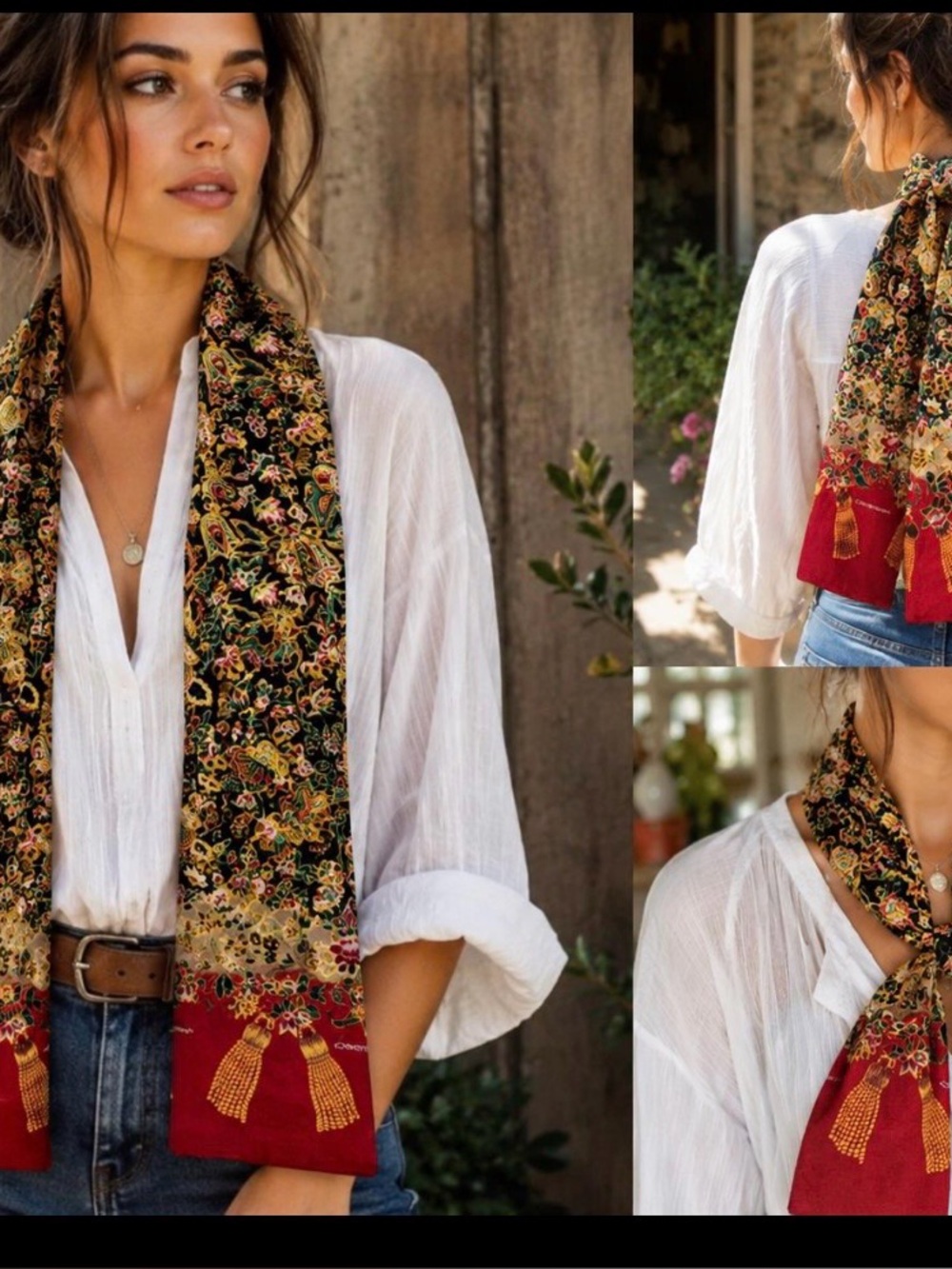 VTG floral and tassel-print rayon scarf featuring a rich burgundy and brown
